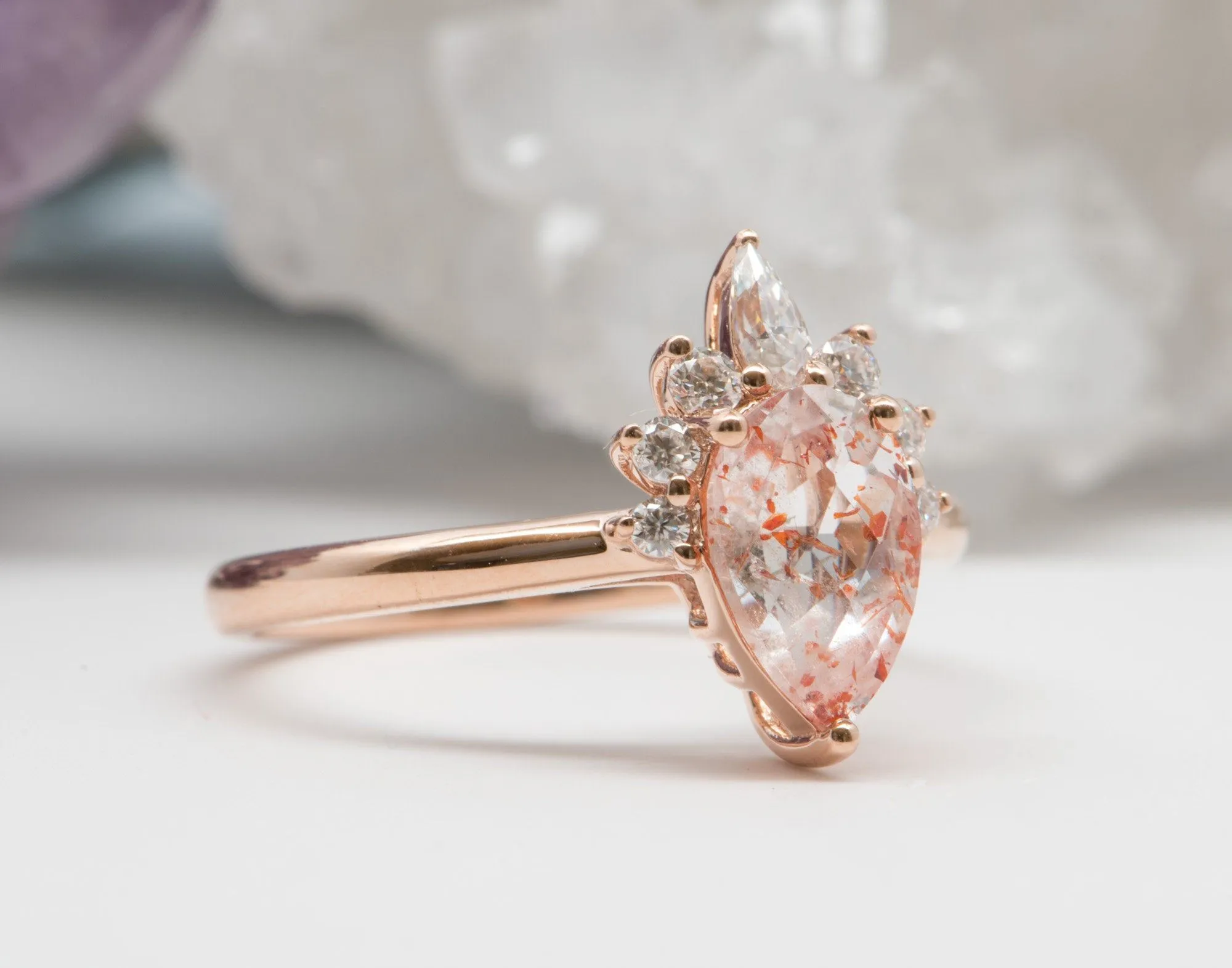 1.11ct Pear-Shape Quartz with Hematite 14K Rose Gold Engagement Ring R6023