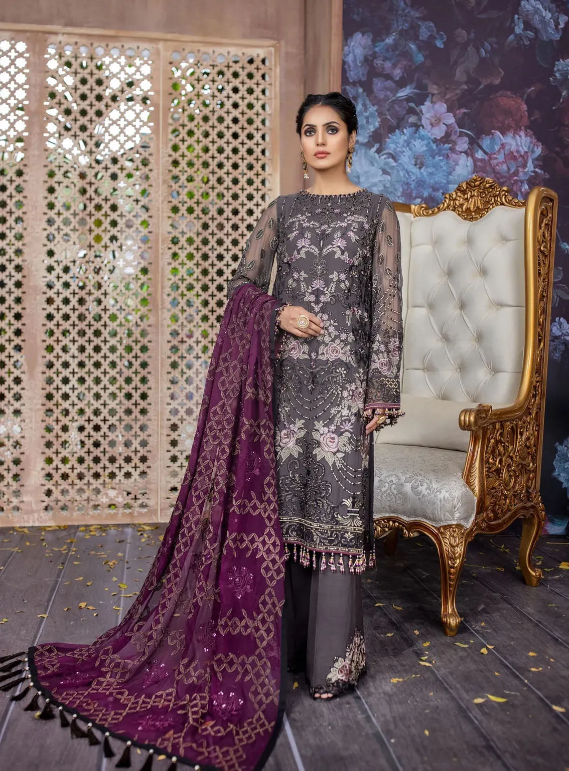 Best Of Flossie Luxury Embroidered Chiffon 3 Piece Unstitched Suit FS24LC D-310