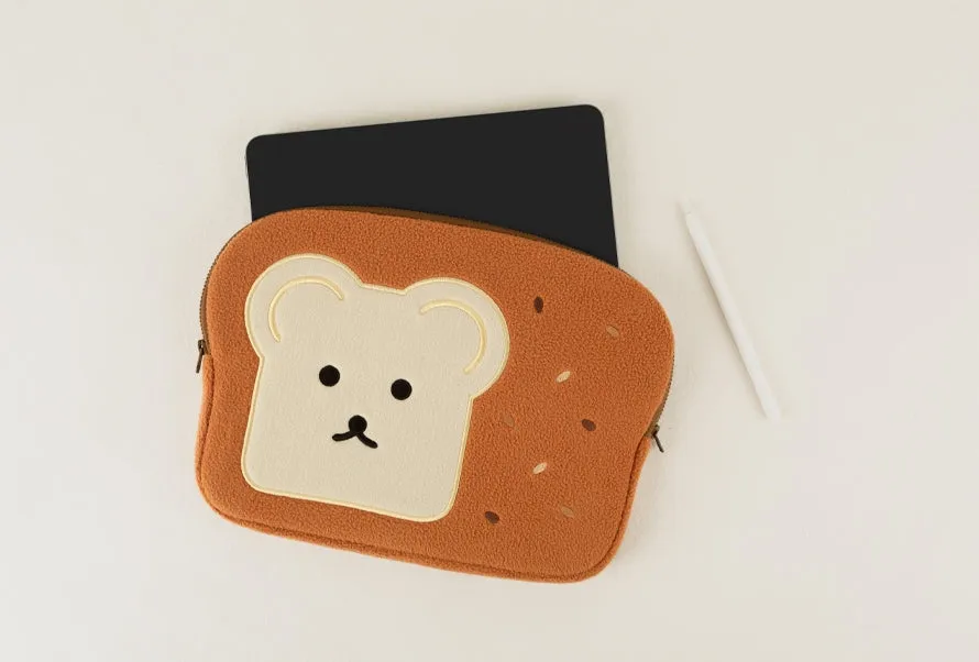 Brown Cute Bear Embroidery Bread Laptop Sleeves iPad Fitted Cases Shearling Covers Protective Tablet Pouches Purses Handbags Squ