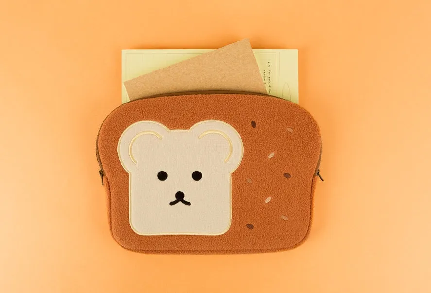 Brown Cute Bear Embroidery Bread Laptop Sleeves iPad Fitted Cases Shearling Covers Protective Tablet Pouches Purses Handbags Squ