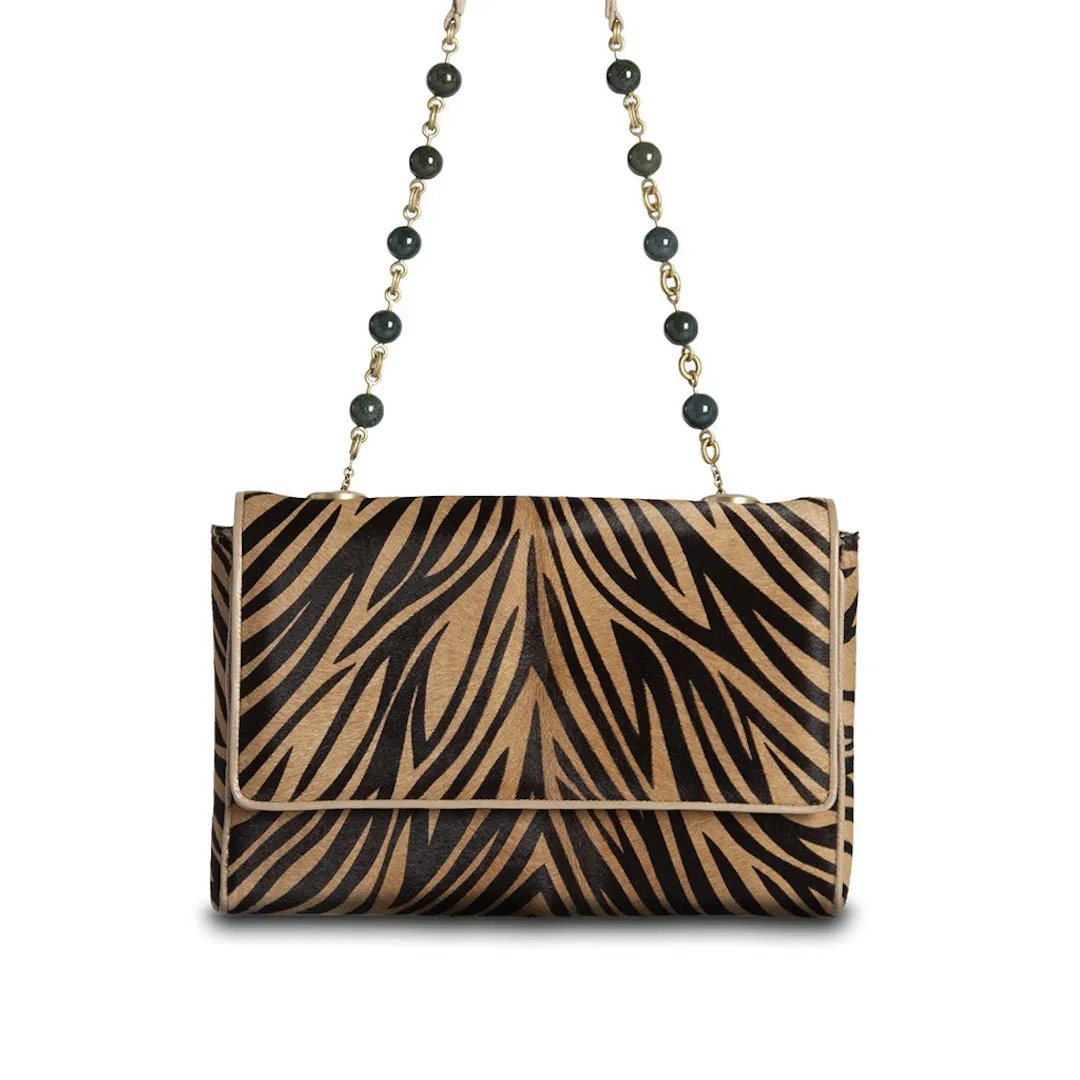 Chain & Jewel Shoulder Bag - Zebra Print Haircalf