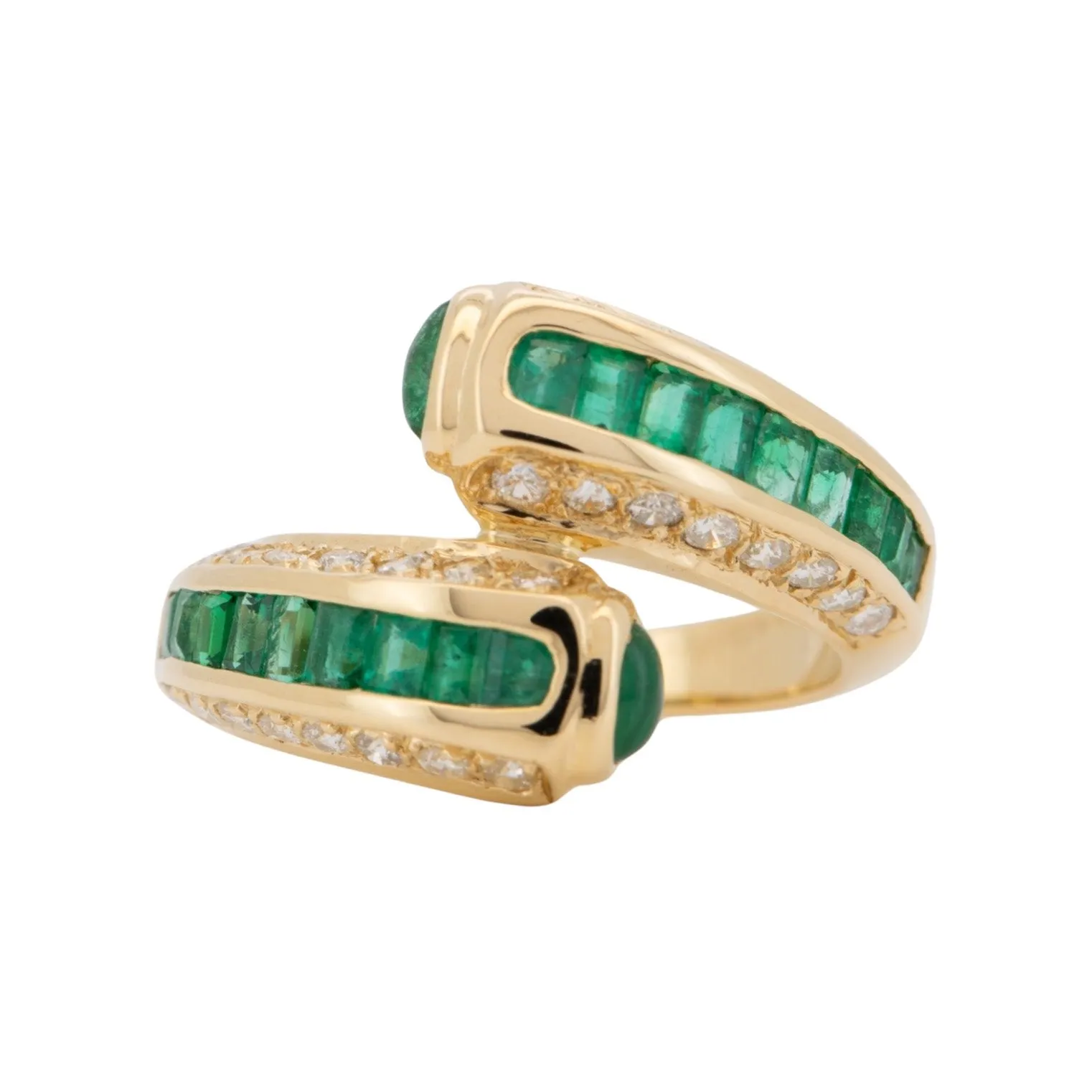 Channel Set Emerald with Diamond Accent Sculptural Bypass Ring 18K Gold R6740