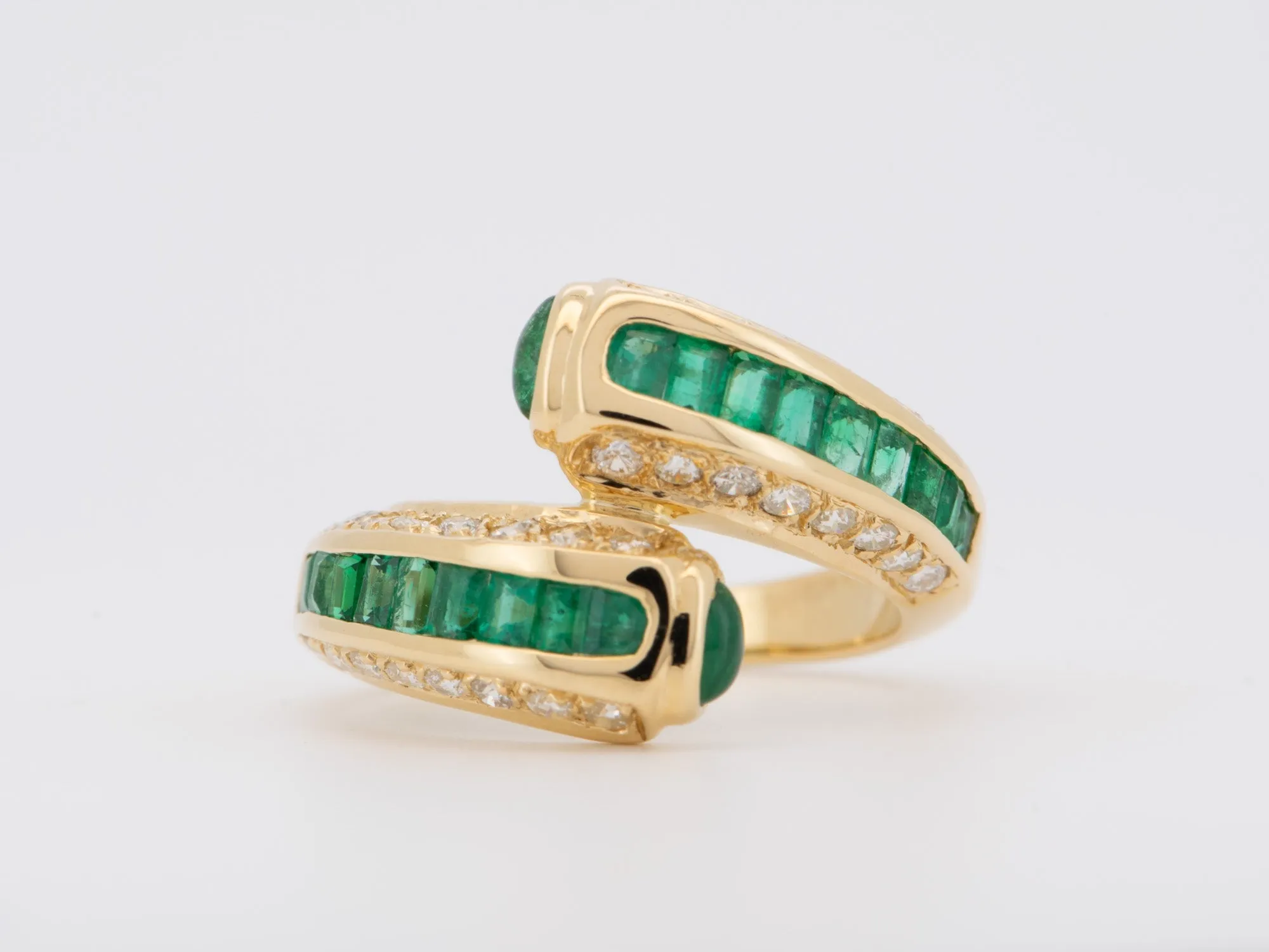 Channel Set Emerald with Diamond Accent Sculptural Bypass Ring 18K Gold R6740