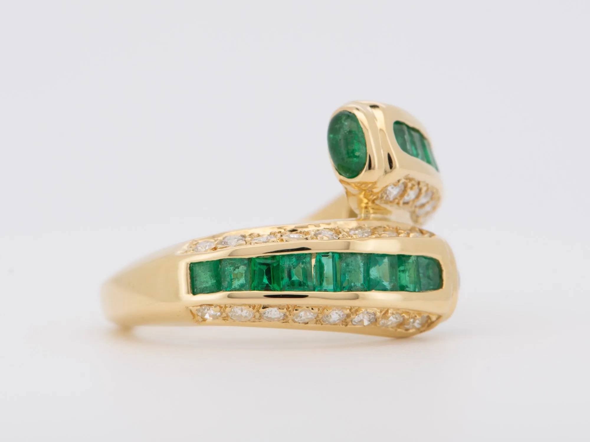 Channel Set Emerald with Diamond Accent Sculptural Bypass Ring 18K Gold R6740