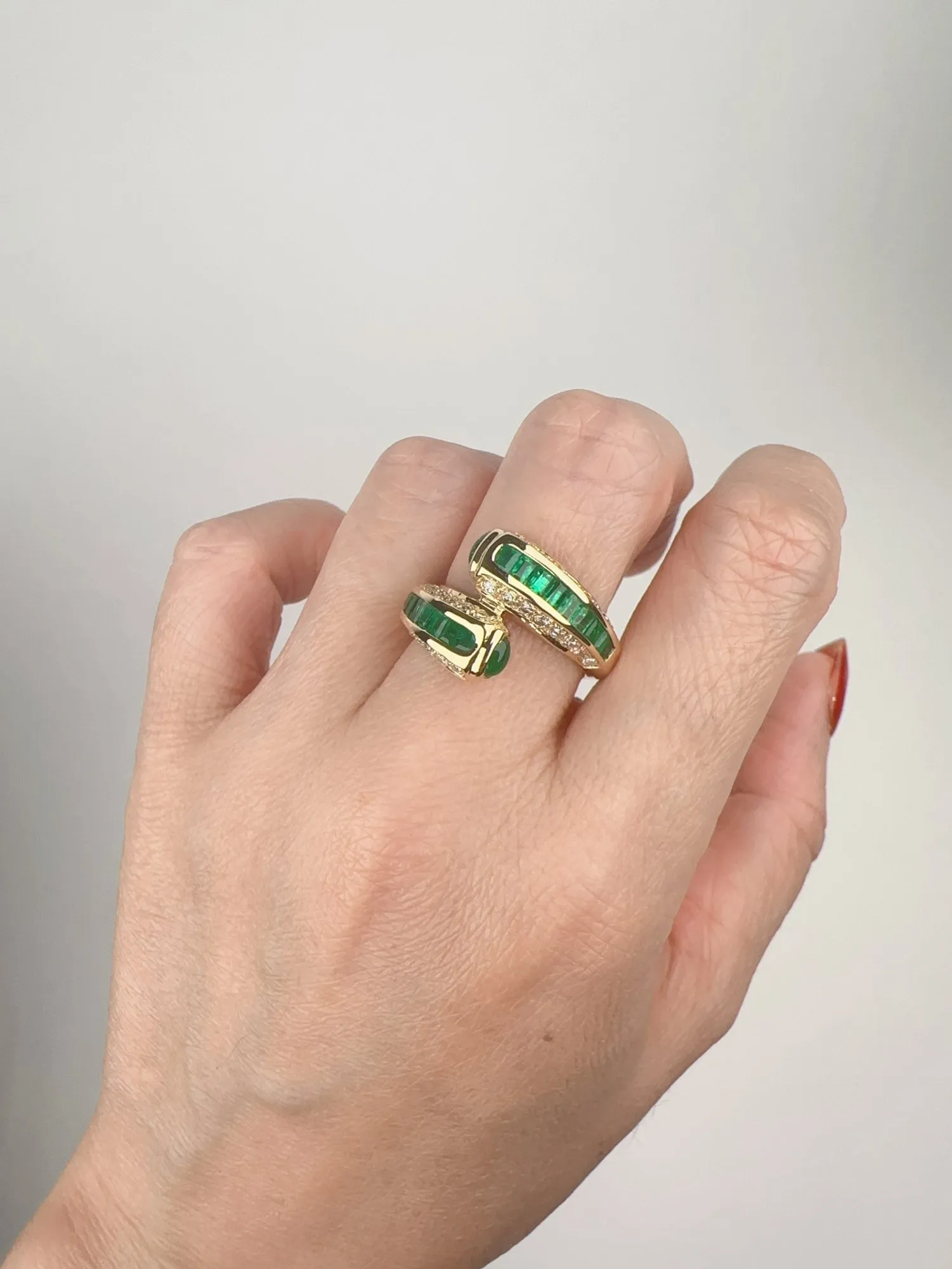 Channel Set Emerald with Diamond Accent Sculptural Bypass Ring 18K Gold R6740