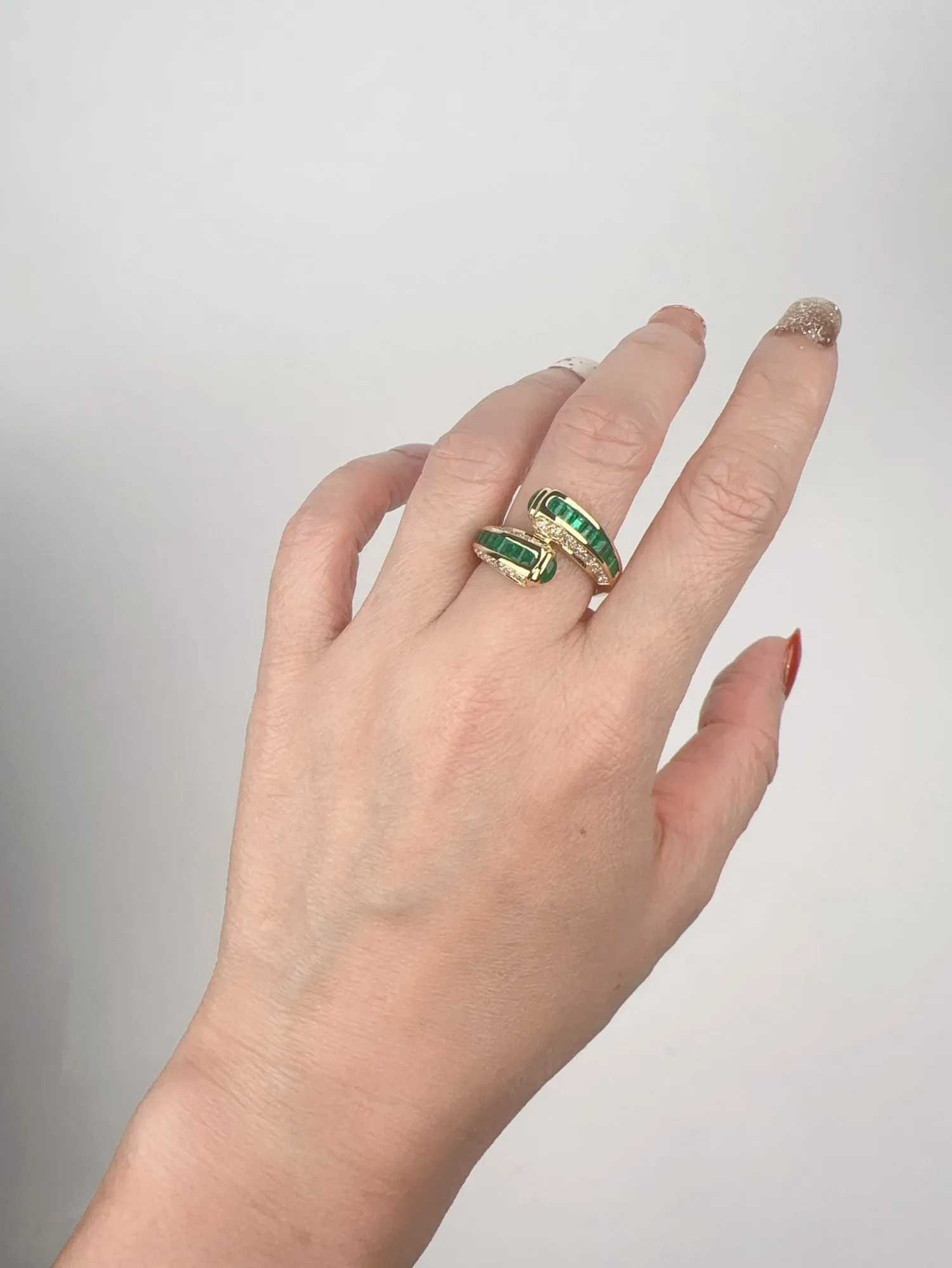 Channel Set Emerald with Diamond Accent Sculptural Bypass Ring 18K Gold R6740