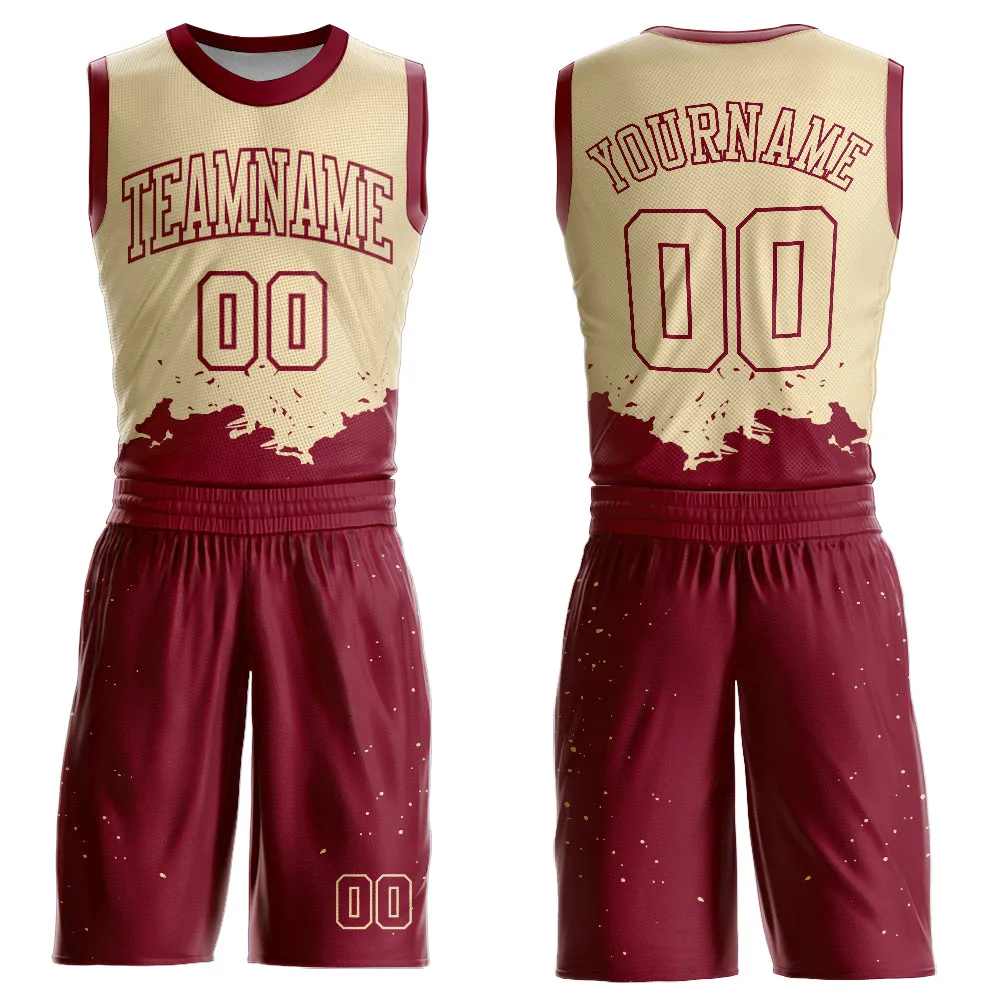 Custom Cream Maroon Color Splash Round Neck Sublimation Basketball Suit Jersey