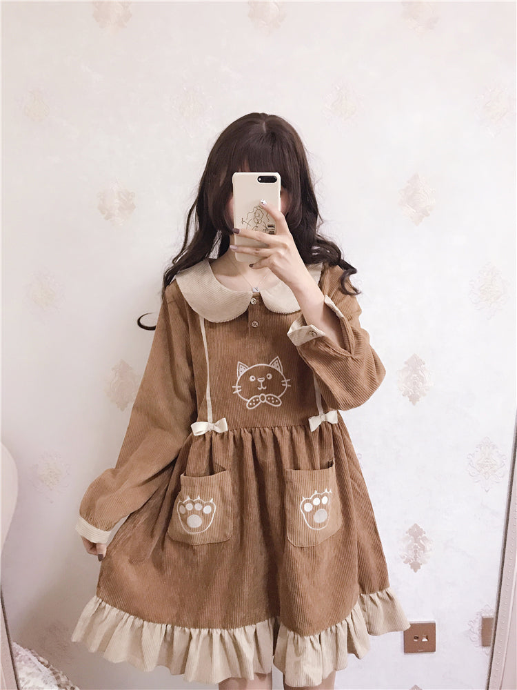 CUTE CAT EMBROIDERY CORDUROY DRESS BY71115