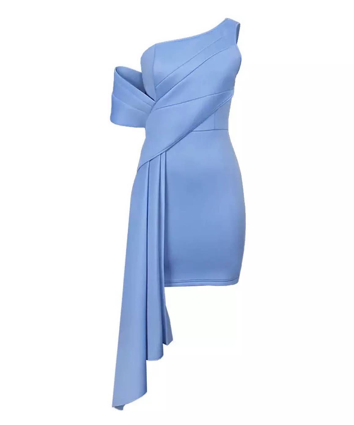 Draped Front One Shoulder Dress in Blue