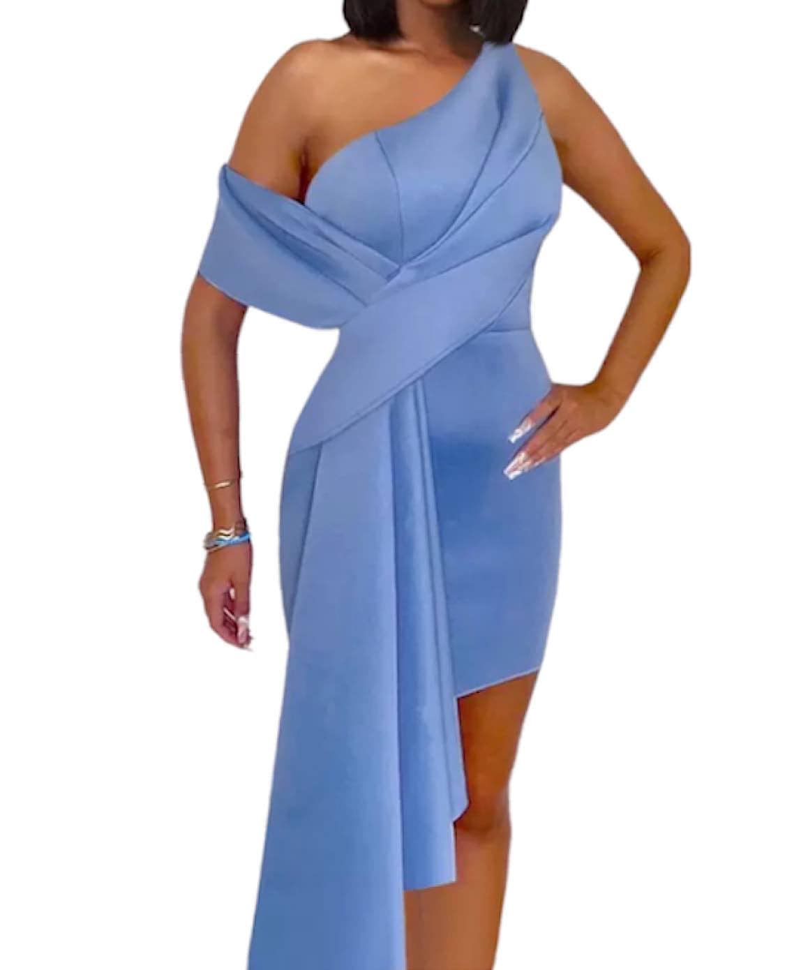 Draped Front One Shoulder Dress in Blue