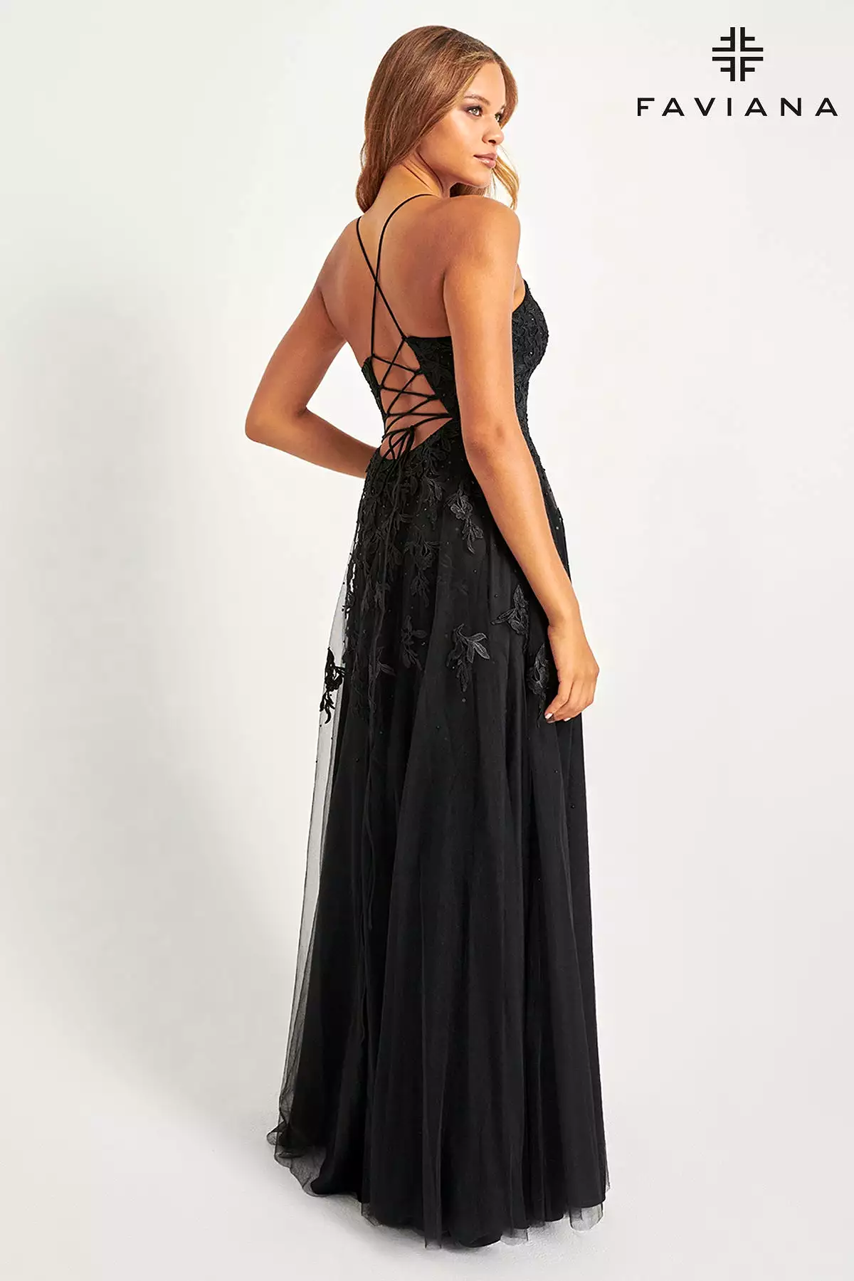 Faviana S10640 Long Lace Deep V Neck Dress With Lace Up Back