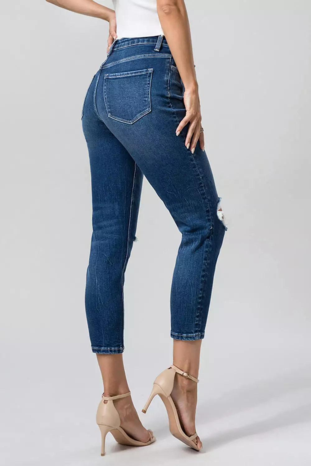 Full Size High Waist Distressed Washed Cropped Mom Jeans