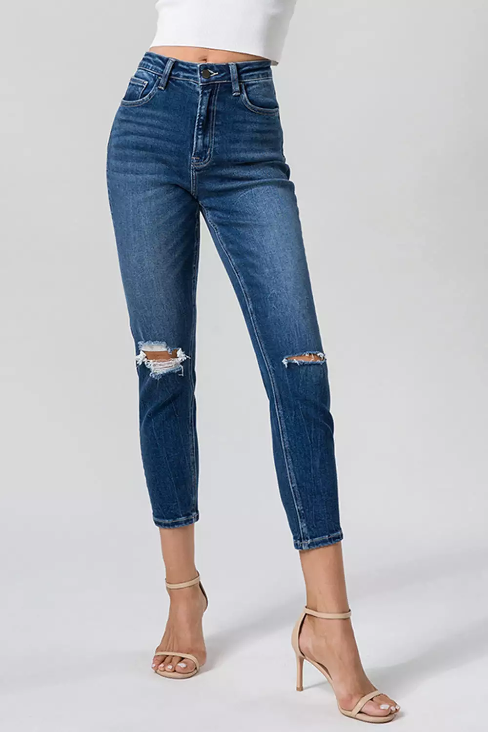 Full Size High Waist Distressed Washed Cropped Mom Jeans