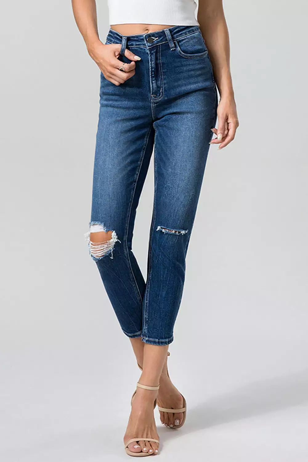 Full Size High Waist Distressed Washed Cropped Mom Jeans