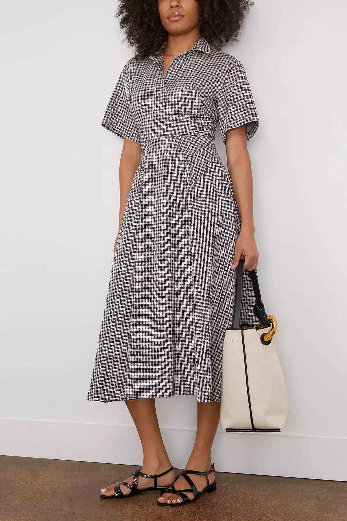 Gingham Darted Short Sleeve Shirtdress in Black/Ivory