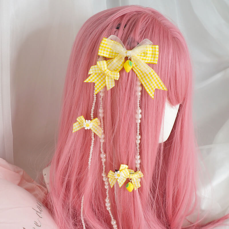 handmade Lemon yellow Plaid Bow hairpin BY0077