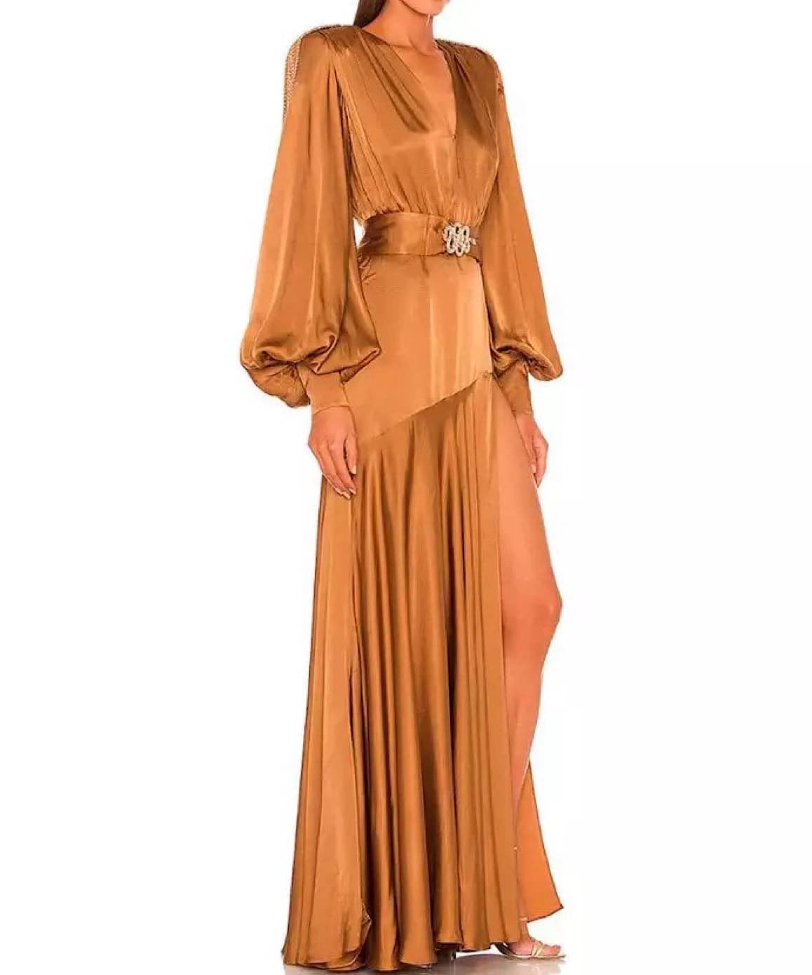 High Slit Lantern Sleeve Long Dress