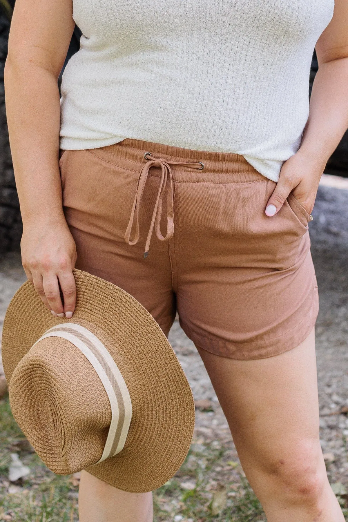 I've Been Everywhere Drawstring Shorts- Camel