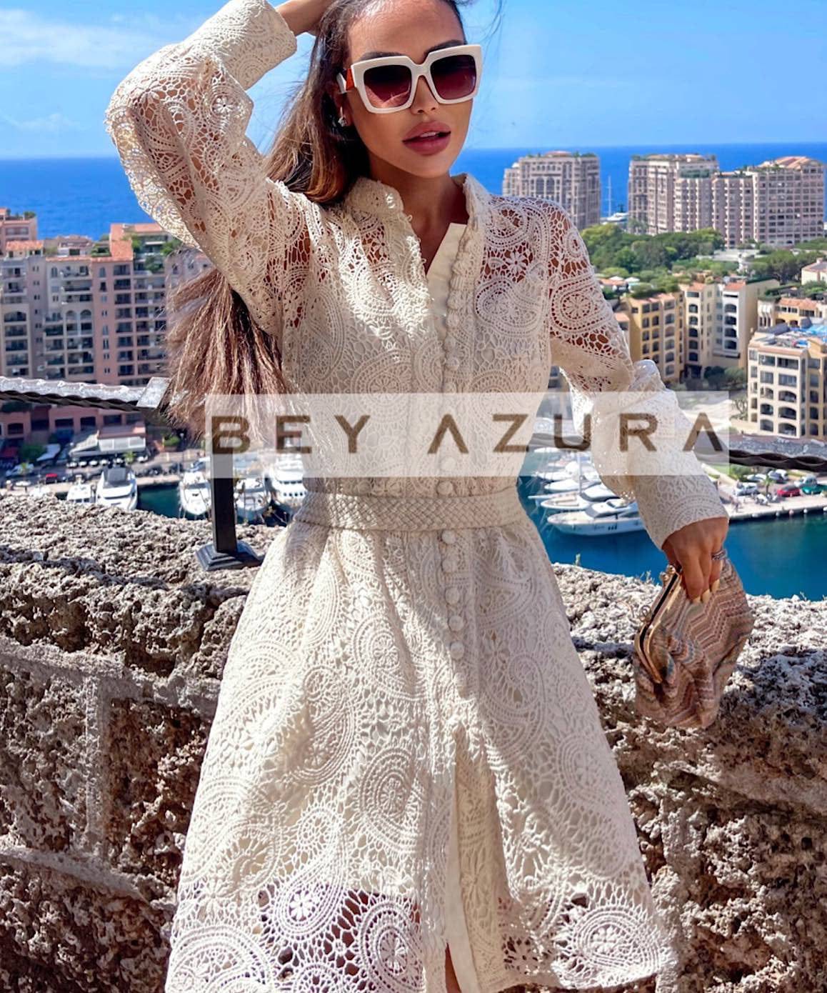 Ivory Paisley Lace Big Sleeve Belted Dress