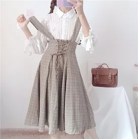 JAPANESE SWEET SOFTGIRL LACE SHIRT & PLAID SUSPENDERS DRESS BY98052