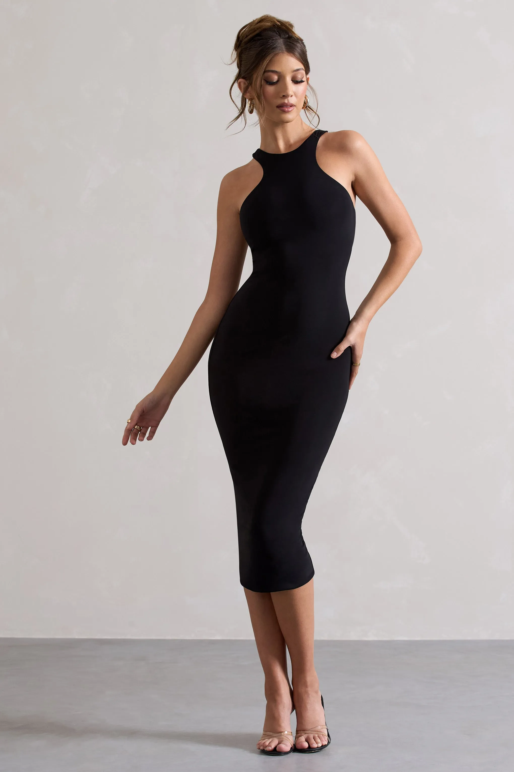 Kenny | Black Bodycon Racer-Neck Midi Dress