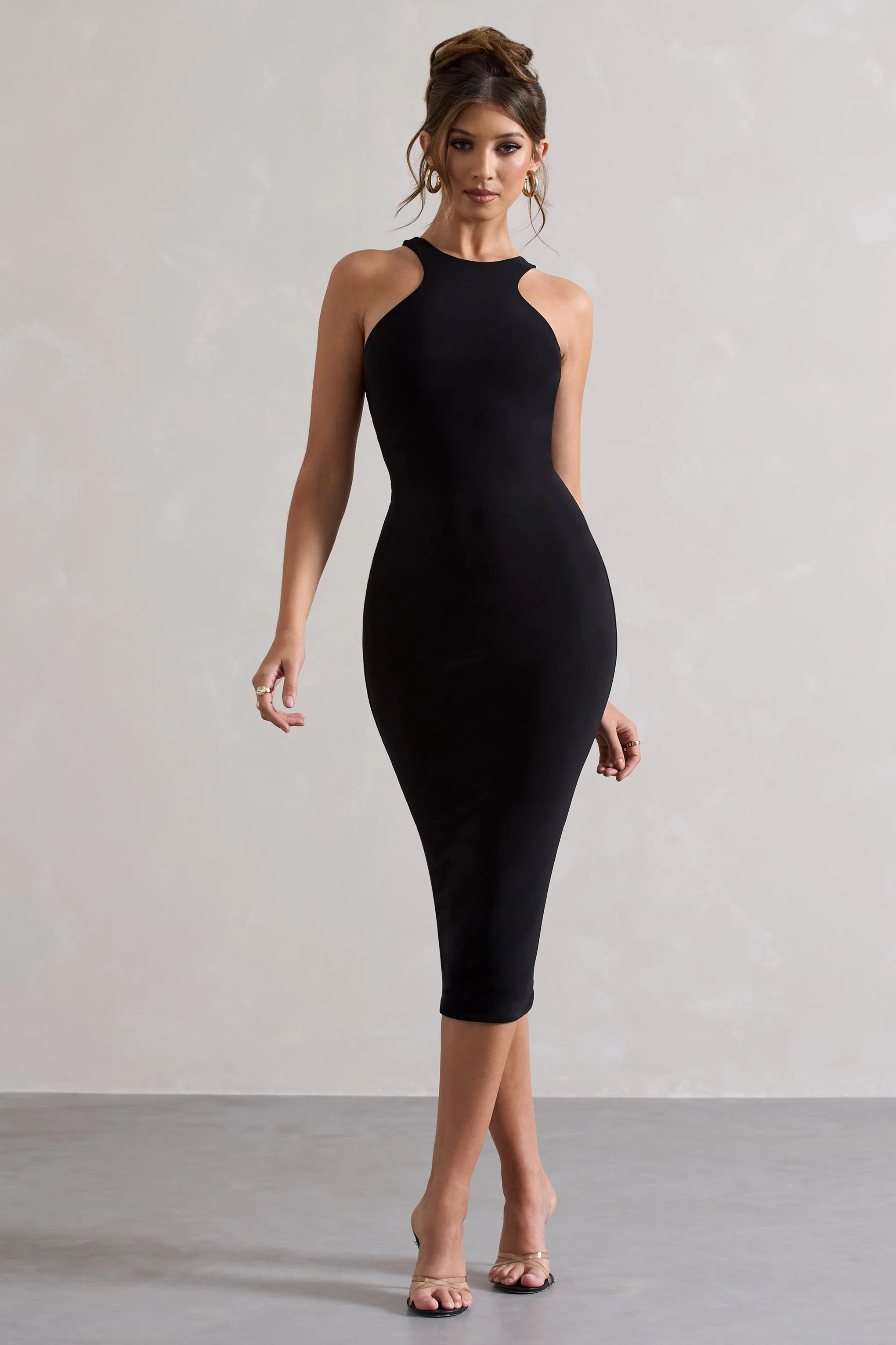 Kenny | Black Bodycon Racer-Neck Midi Dress