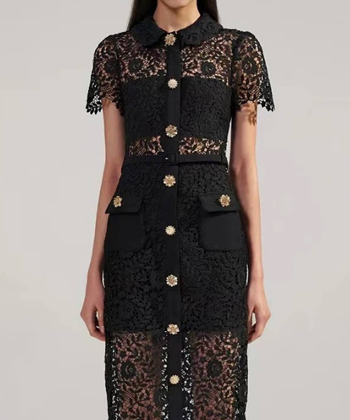 Lace Ankle Length Collared Dress In Black