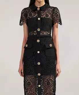 Lace Ankle Length Collared Dress In Black