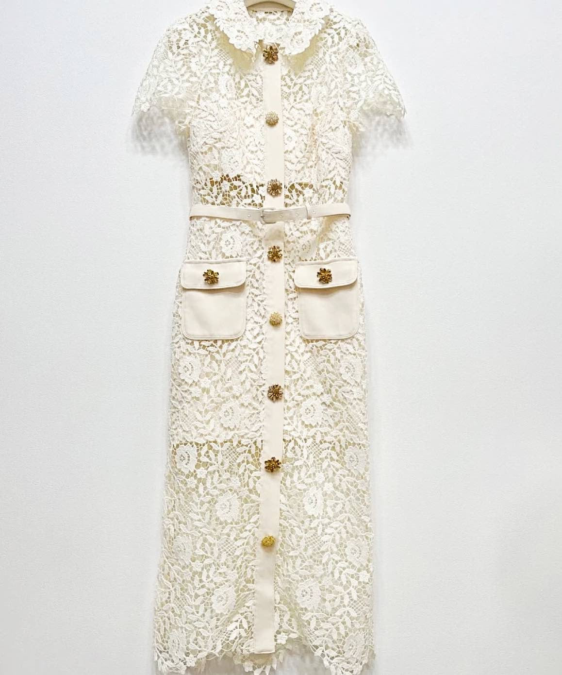 Lace Ankle Length Collared Dress In White