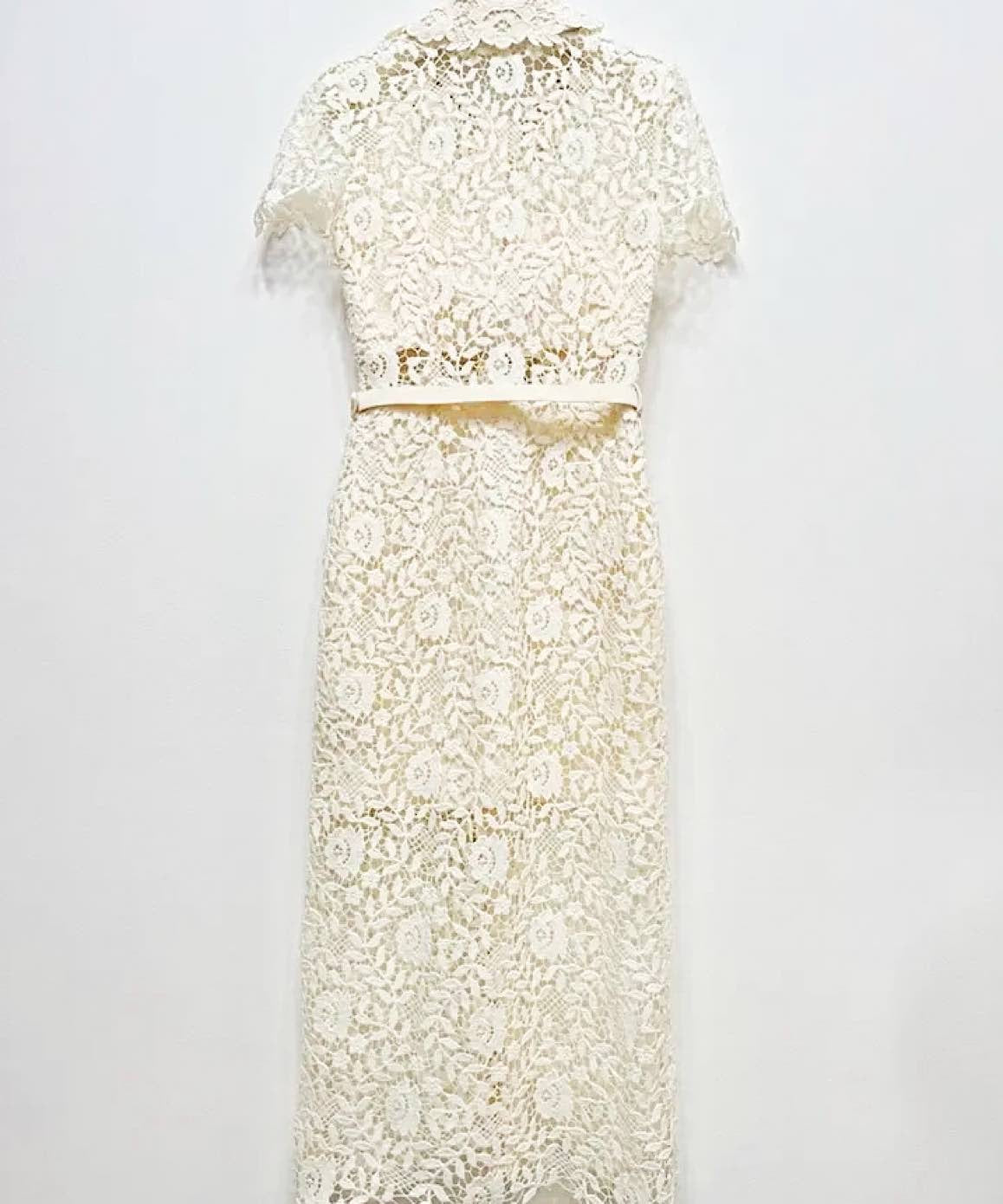 Lace Ankle Length Collared Dress In White