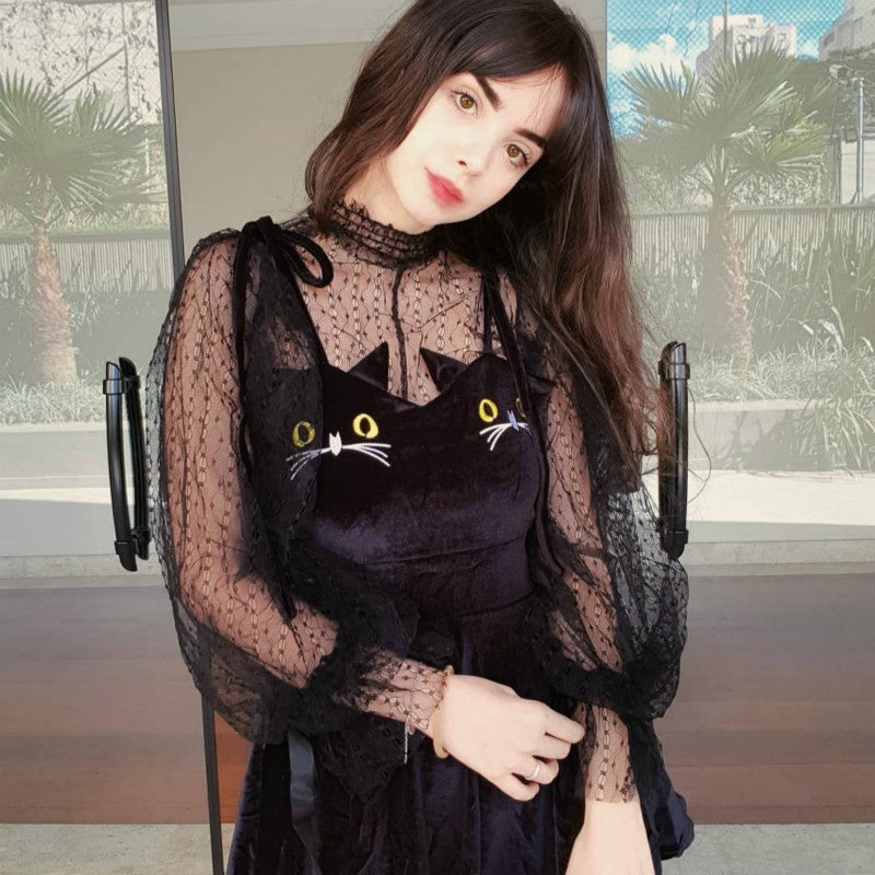 LACE LOOSE TOP+CAT EMBROIDERIED DRESS BY71076