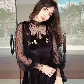 LACE LOOSE TOP+CAT EMBROIDERIED DRESS BY71076