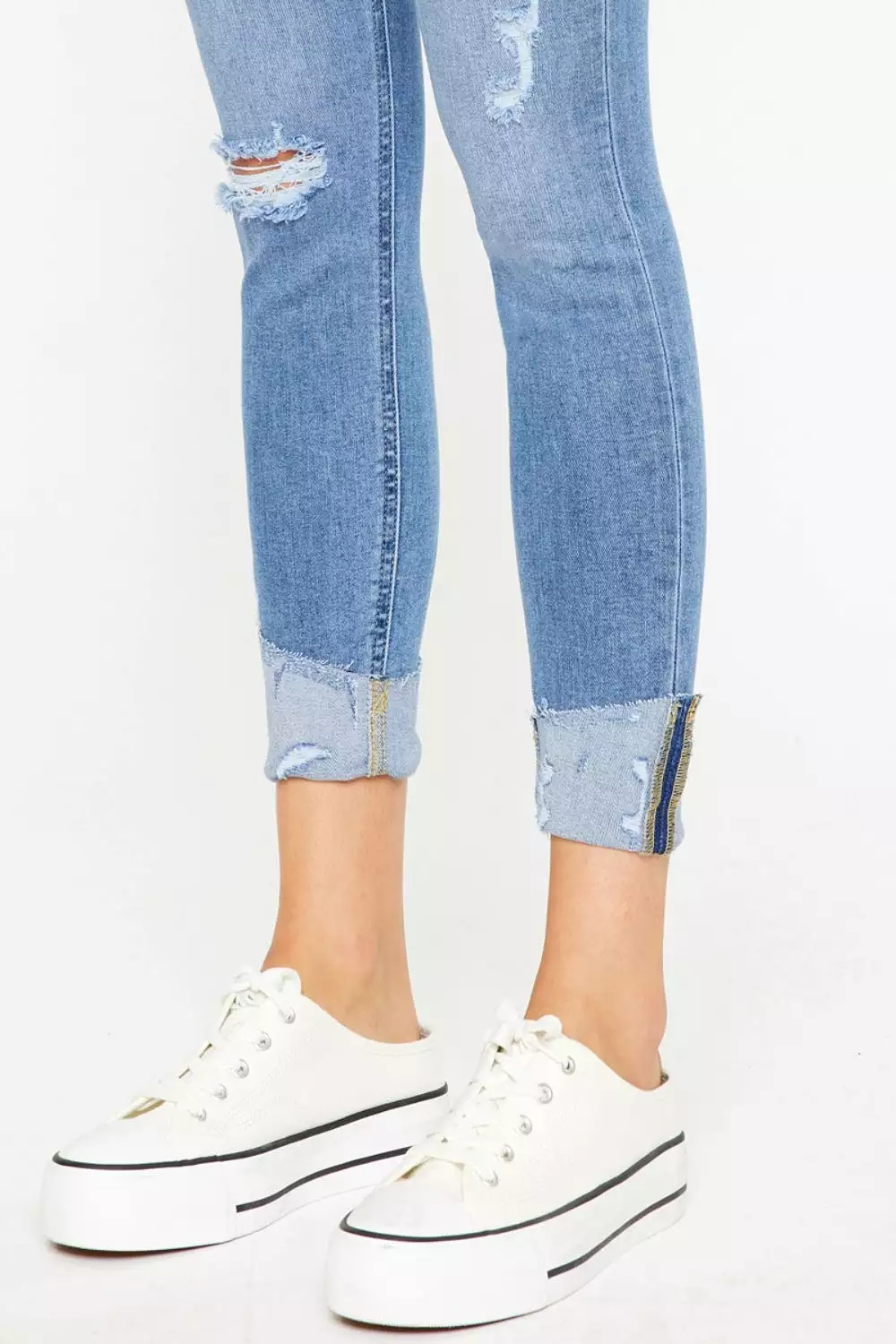 Light Blue Distressed Cat's Whiskers Button Fly Jeans