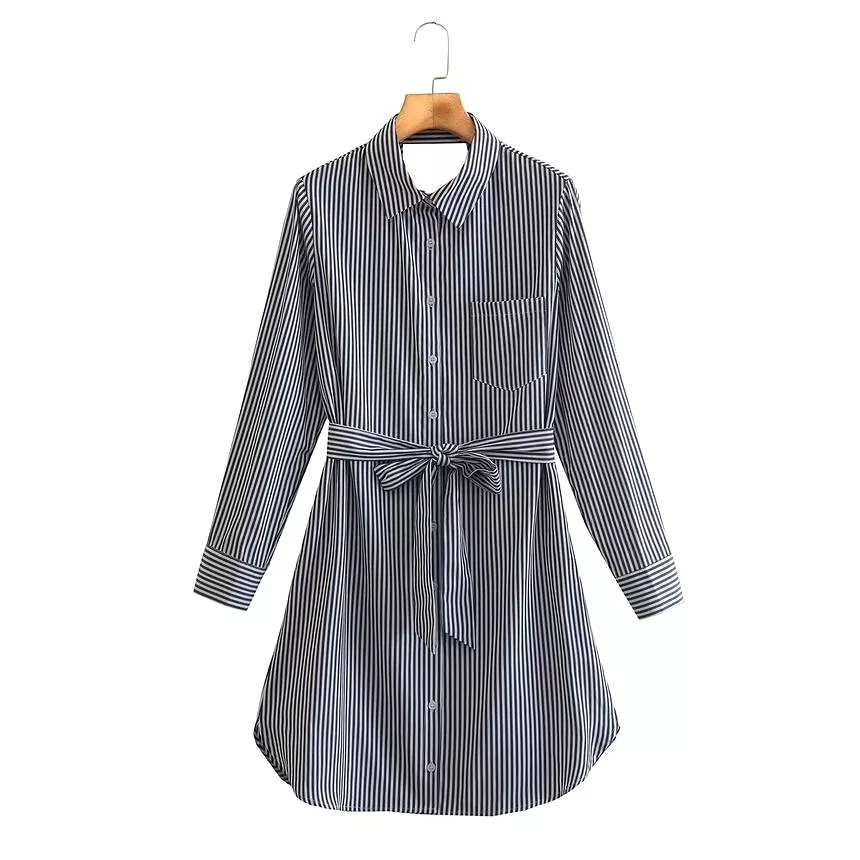 Long-Sleeve Collared Striped Mini Shirt Dress aa27