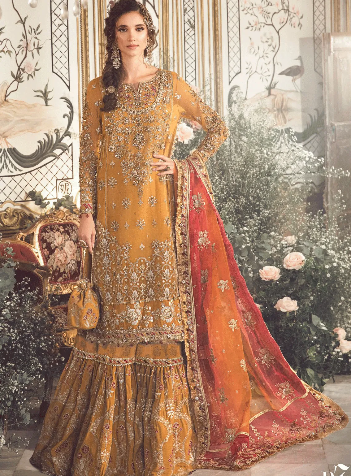 MBroidered By Maria B Embroidered Organza Unstitched 4 Piece Suit - MB23W BD-2707 MUSTARD