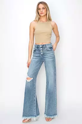 Mid Rise Washed Button Fly Wide Leg Jeans