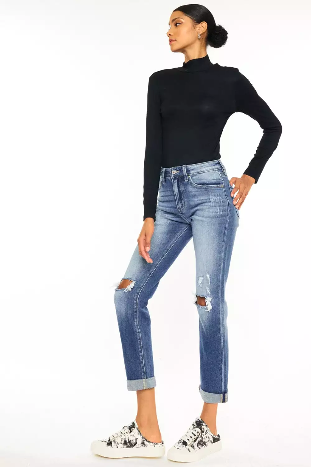 Mid Washed High Waist Distressed Hem Detail Cropped Straight Jeans