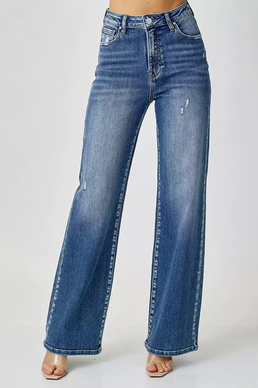 Mid Washed High Waist Wide Leg Jeans