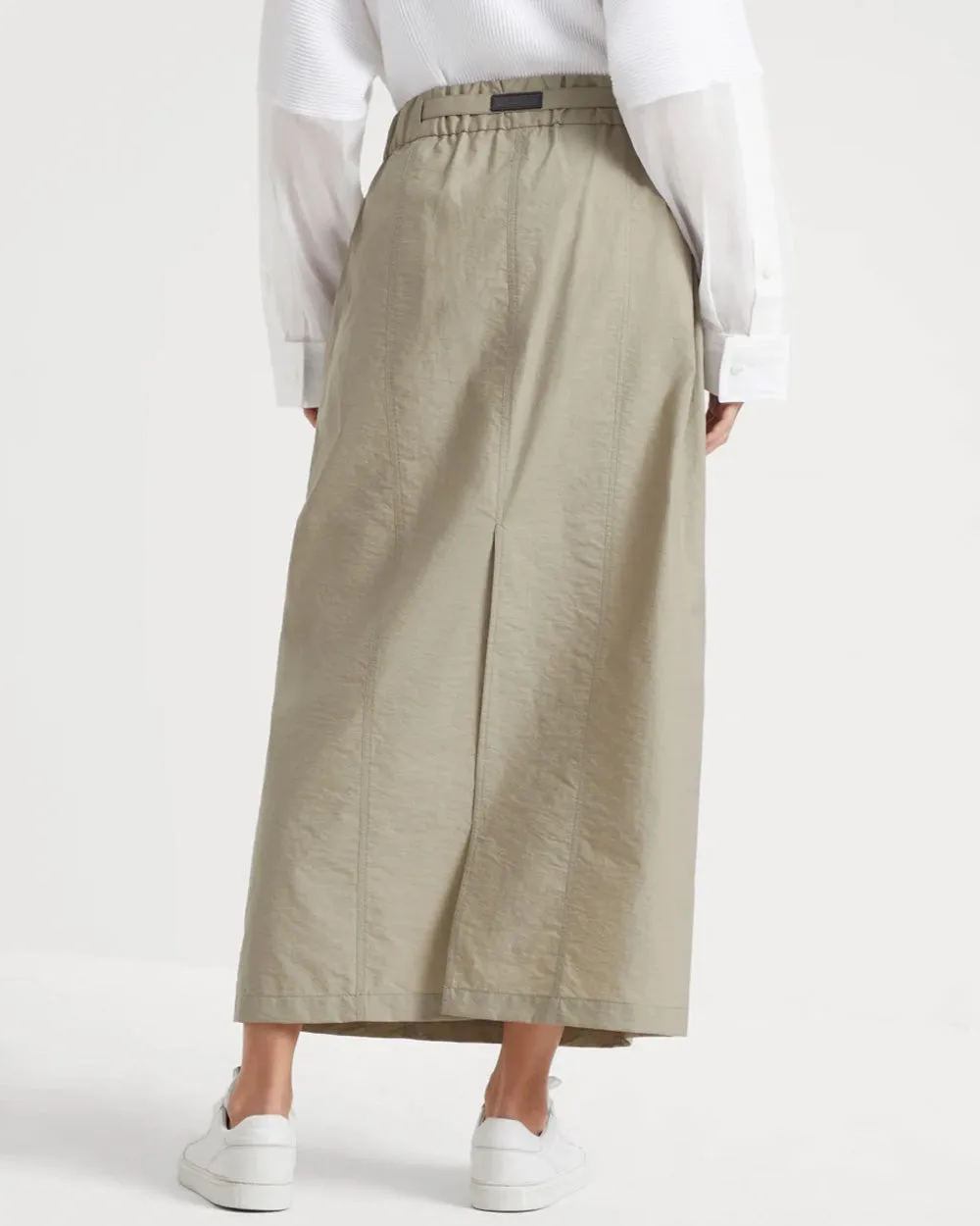 Olive Techno Poplin Drawstring Skirt