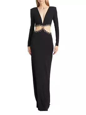 Pauline Crystal-Accented Cut-Out Long-Sleeve Gown