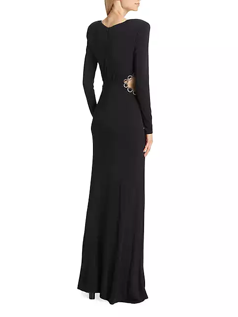 Pauline Crystal-Accented Cut-Out Long-Sleeve Gown