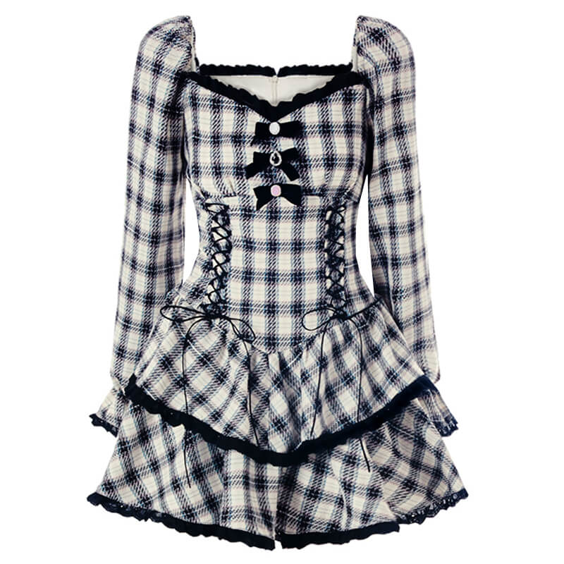 Punk black white check bow dress by0126