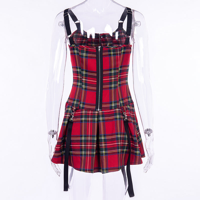 PUNK SLEEVELESS RED CHECKED DRESS BY71037