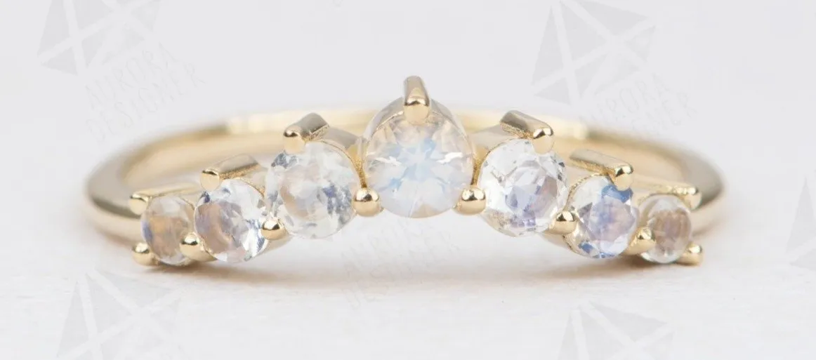 Rainbow Moonstone 14K Gold Wedding Band Curve Crown Tiara Ring Stacking Rings Stackable AD1942M