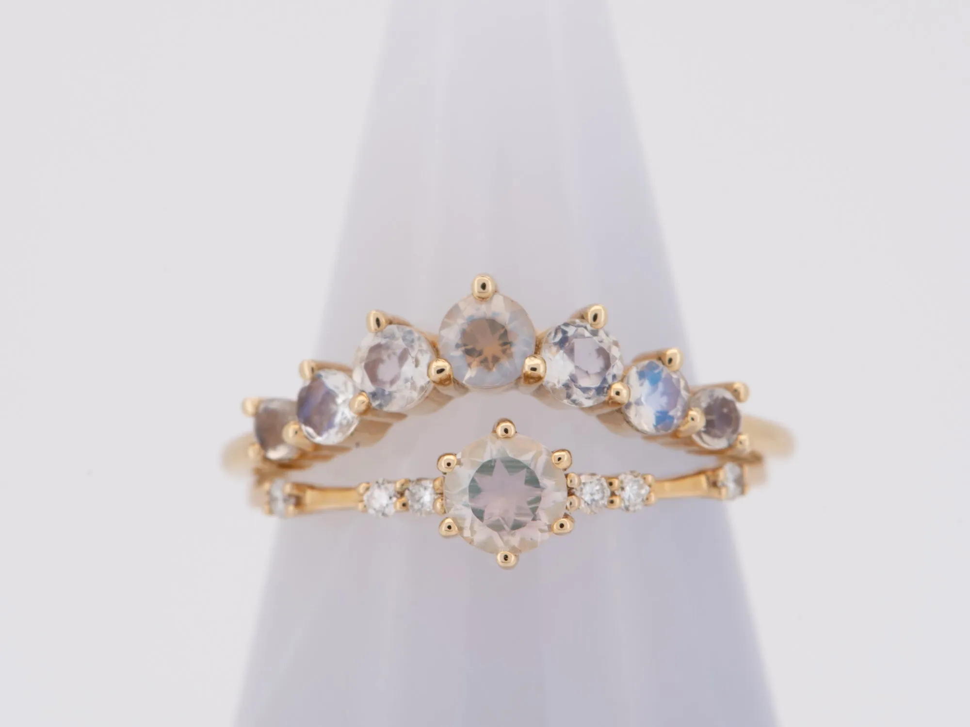 Rainbow Moonstone 14K Gold Wedding Band Curve Crown Tiara Ring Stacking Rings Stackable AD1942M