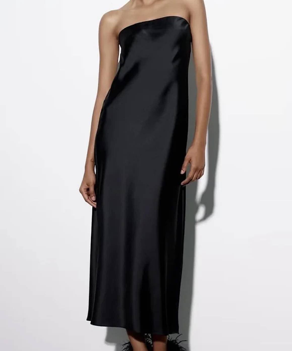 Satin Strapless Long Dress In Black