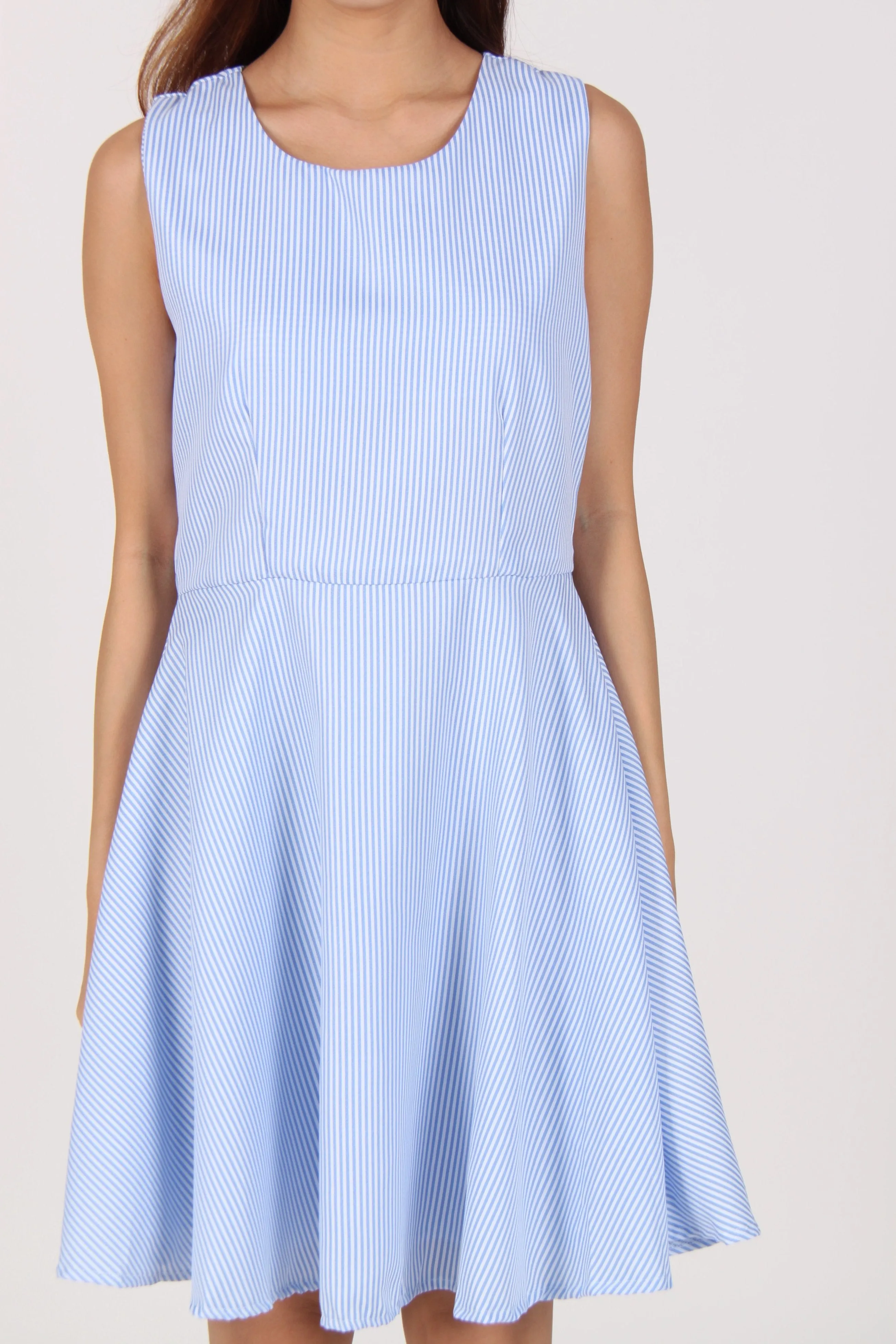 Sleeveless Stripes Skater Dress in Light Blue