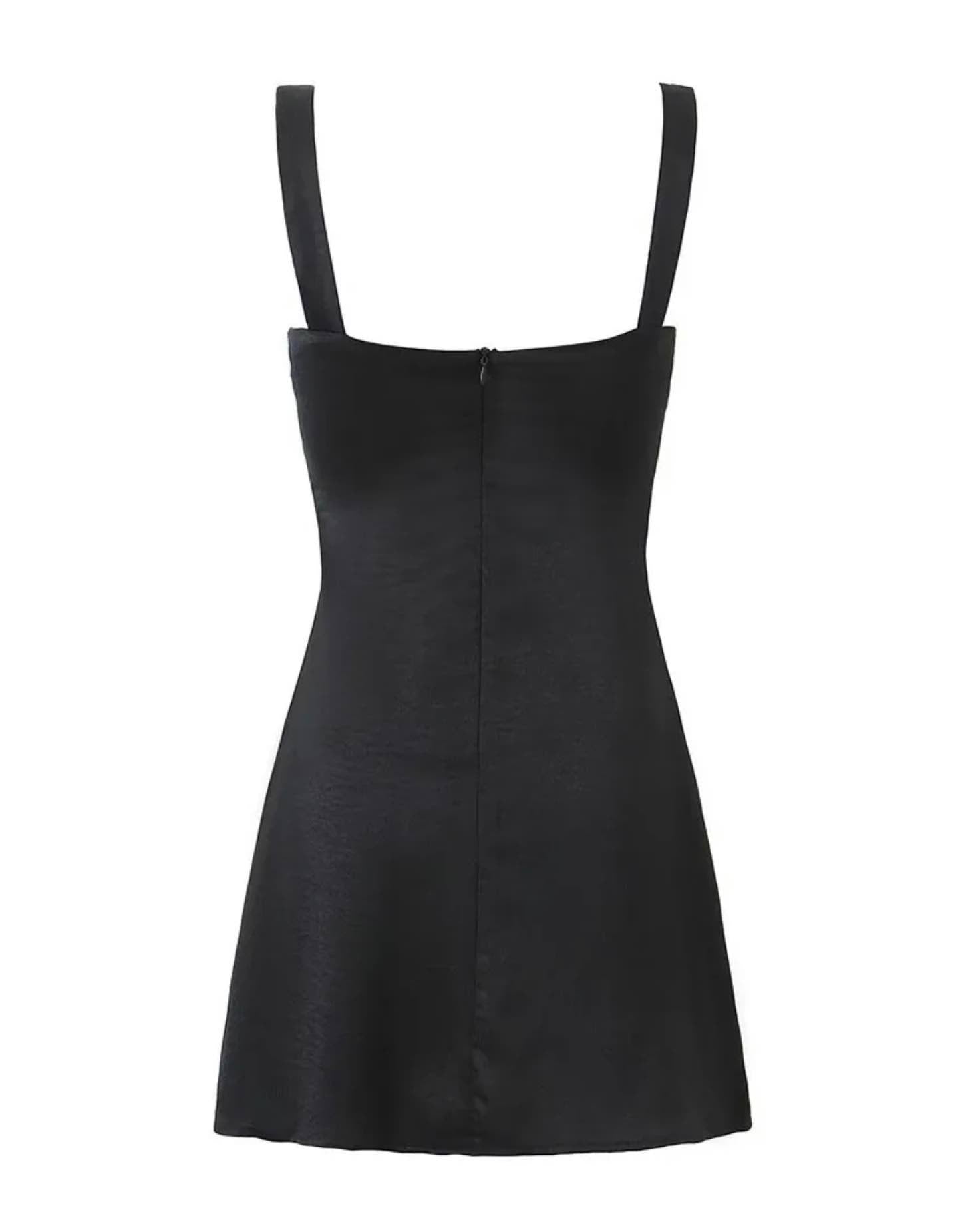 Square Collar Embroidered Bust Short Black Dress