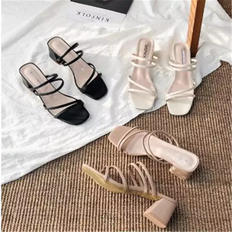 Women Sandals Ladies Square Heels Elegant Summer Slippers Outside Cross Tied Leather Female Slides