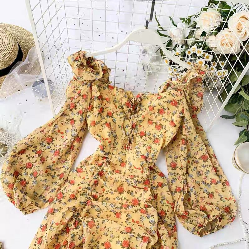 YELLOW/WHITE RETRO FLOWER PRINT DRESS BY40401